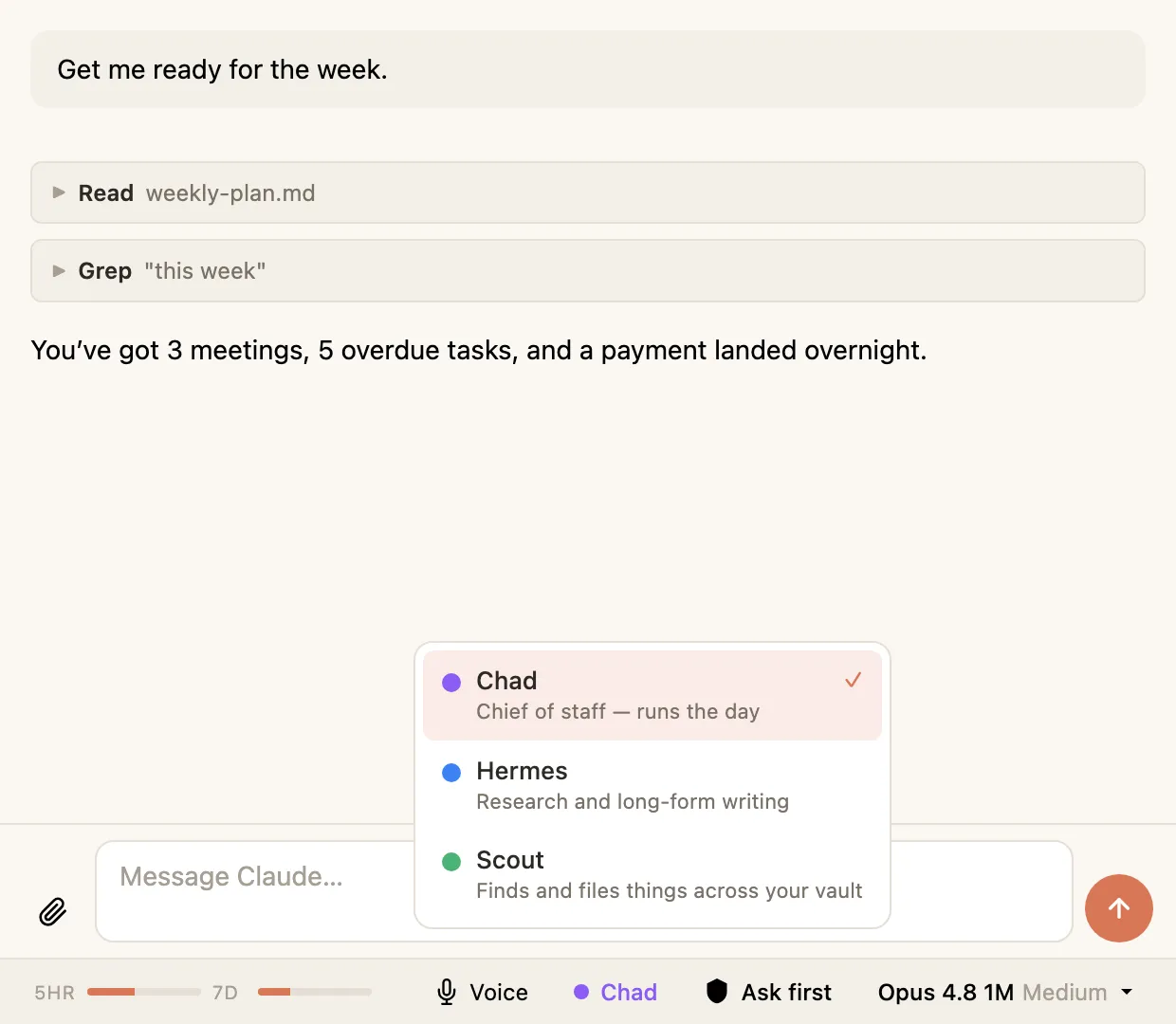 The agent switcher open, showing the agents you can pick for a conversation.