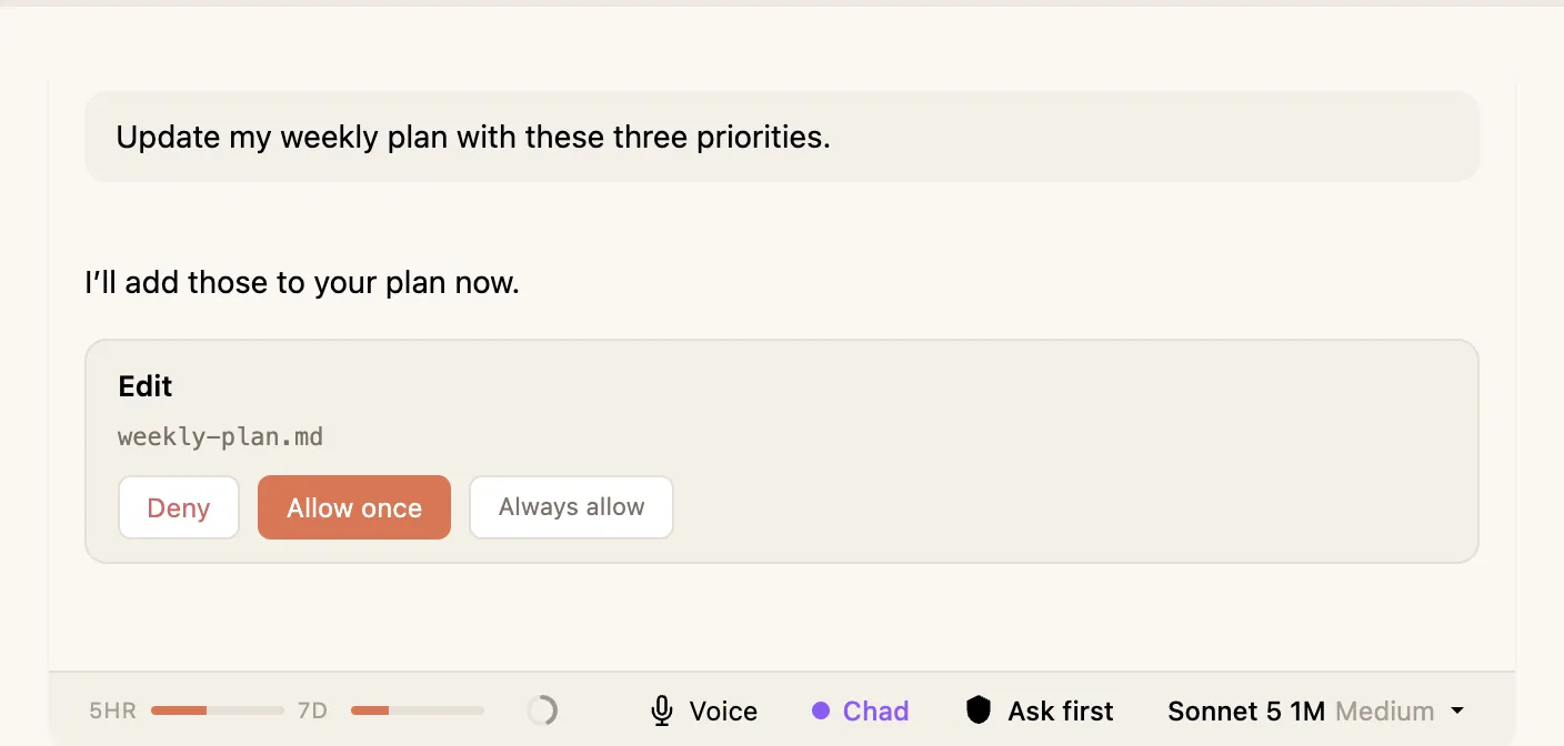 An inline permission prompt in the chat — Deny, Allow once, and Always allow.
