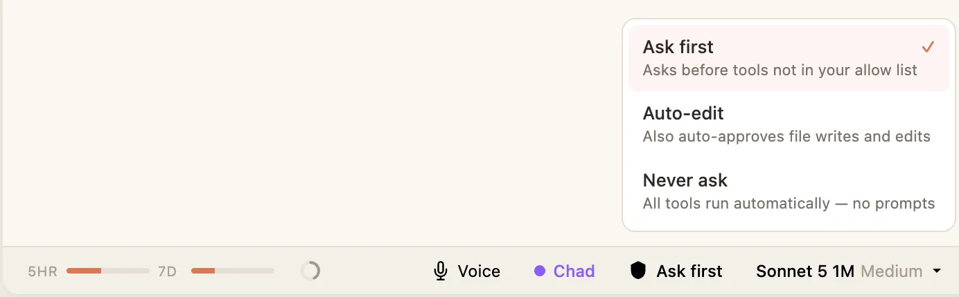 The permission mode picker open, showing Ask first, Auto-edit, and Never ask.