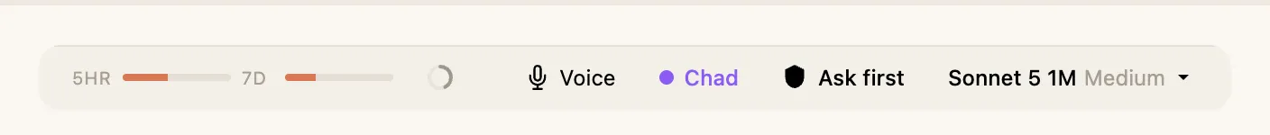 The Hyo status bar — usage meters, context ring, voice, agent, permission mode, and the model picker.