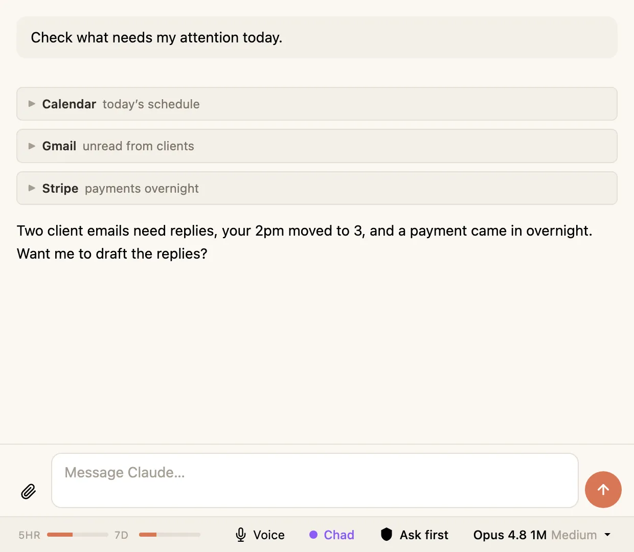 An agent using connected tools inside a Hyo conversation.